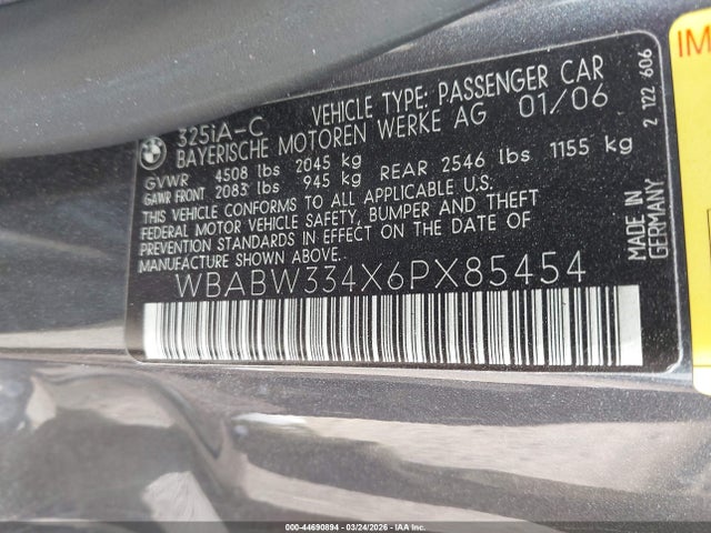 Aukcja sprzedaży 2006 Bmw 325ci, vin: WBABW334X6PX85454, numer aukcji: 44690894