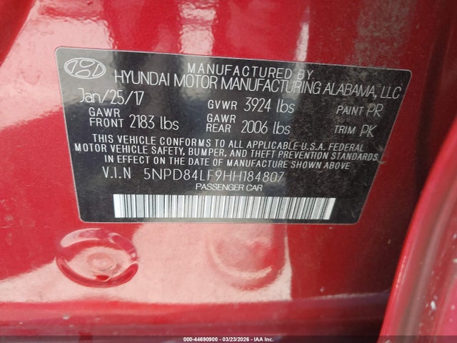 5NPD84LF9HH184807 Hyundai ELANTRA SE