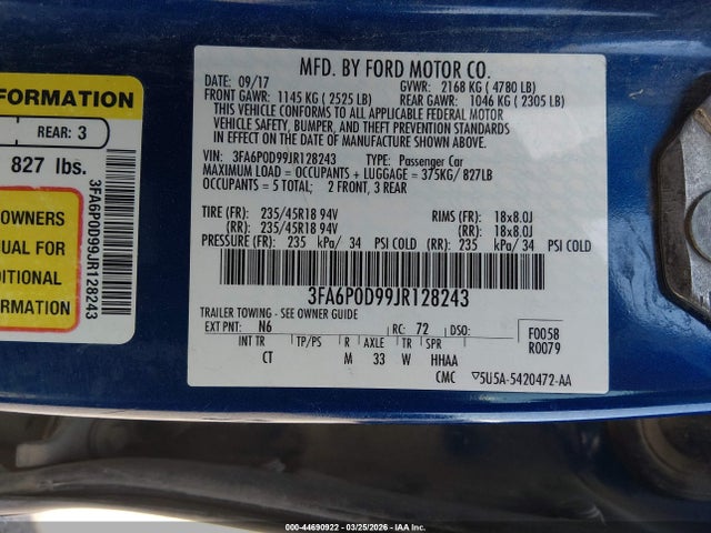 44690922 :رقم المزاد ، 3FA6P0D99JR128243 vin ، 2018 Ford Fusion Titanium مزاد بيع