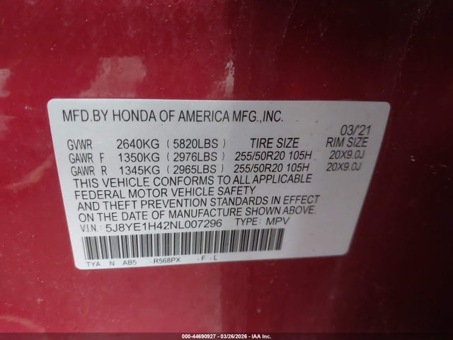 Aukcja sprzedaży 2022 Acura Mdx Technology Package, vin: 5J8YE1H42NL007296, numer aukcji: 44690927