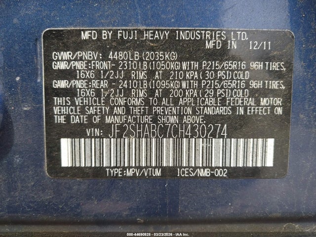 Продажа на аукционе авто 2012 Subaru Forester 2.5x, vin: JF2SHABC7CH430274, номер лота: 44690928