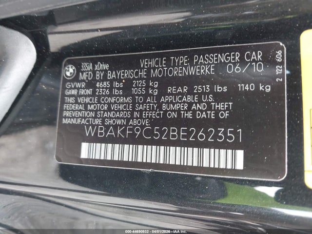 2011 Bmw 335i Xdrive მანქანა იყიდება აუქციონზე, vin: WBAKF9C52BE262351, აუქციონის ნომერი: 44690932