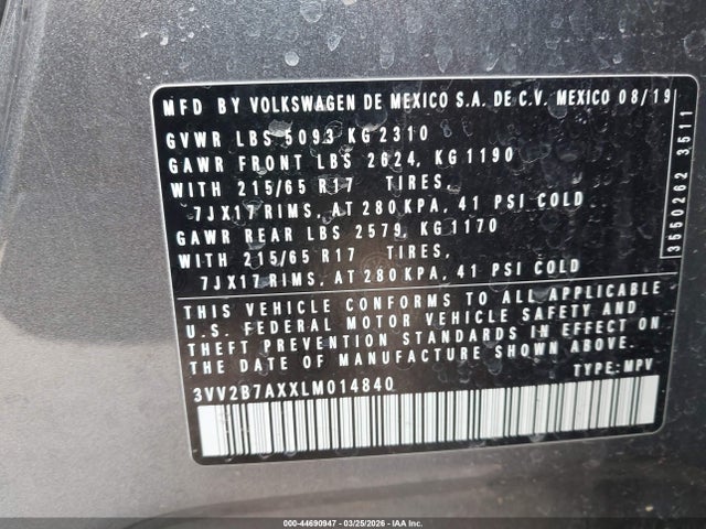 2020 Volkswagen Tiguan 2.0t Se/2.0t Se R-line Black/2.0t Sel მანქანა იყიდება აუქციონზე, vin: 3VV2B7AXXLM014840, აუქციონის ნომერი: 44690947