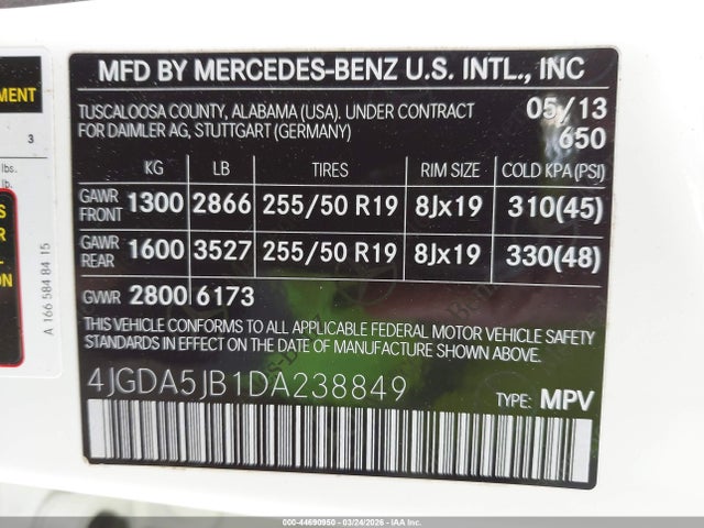 Auction sale of the 2013 Mercedes-benz Ml 350, vin: 4JGDA5JB1DA238849, lot number: 44690950