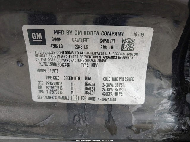 Продажа на аукционе авто 2020 Chevrolet Trax Fwd Lt, vin: KL7CJLSB9LB042408, номер лота: 44690959