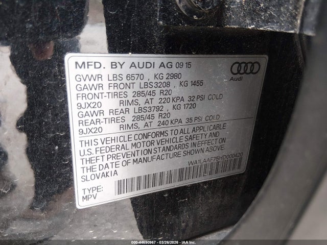 Продажа на аукционе авто 2017 Audi Q7 3.0t Premium, vin: WA1LAAF75HD000420, номер лота: 44690967