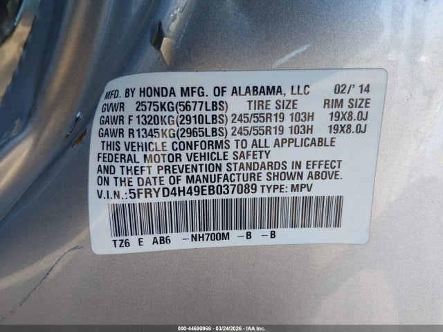 44690968 :رقم المزاد ، 5FRYD4H49EB037089 vin ، 2014 Acura Mdx Technology Package مزاد بيع