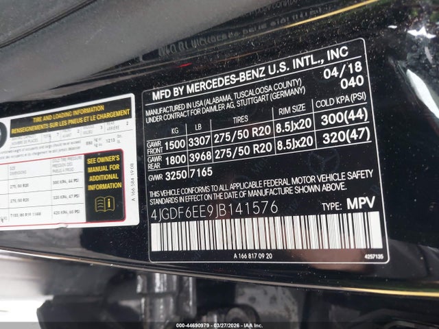 Продаж на аукціоні авто 2018 Mercedes-benz Gls 450 4matic, vin: 4JGDF6EE9JB141576, номер лоту: 44690979