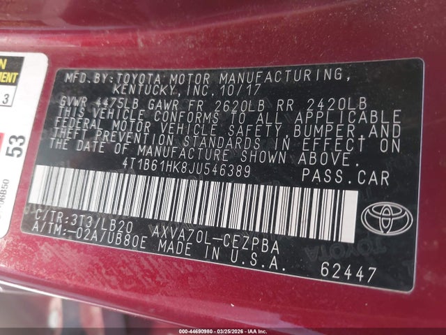 4T1B61HK8JU546389 Toyota CAMRY XSE