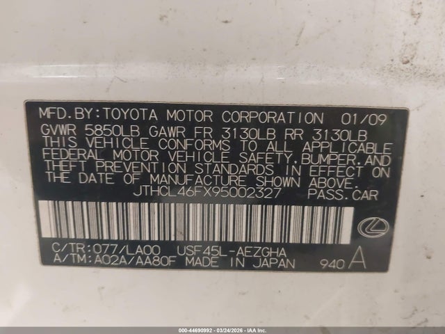 Продажа на аукционе авто 2009 Lexus Ls 460, vin: JTHCL46FX95002327, номер лота: 44690992