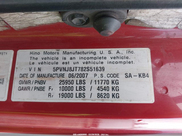 2008 Hino 258/268 მანქანა იყიდება აუქციონზე, vin: 5PVNJ8JT782S51639, აუქციონის ნომერი: 44690995