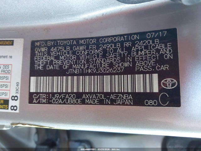 2018 Toyota Camry Le მანქანა იყიდება აუქციონზე, vin: JTNB11HK9J3026237, აუქციონის ნომერი: 44691001