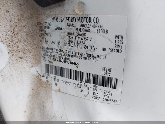 2006 Ford F250 Super Duty მანქანა იყიდება აუქციონზე, vin: 1FTNF21566ED48455, აუქციონის ნომერი: 44691025