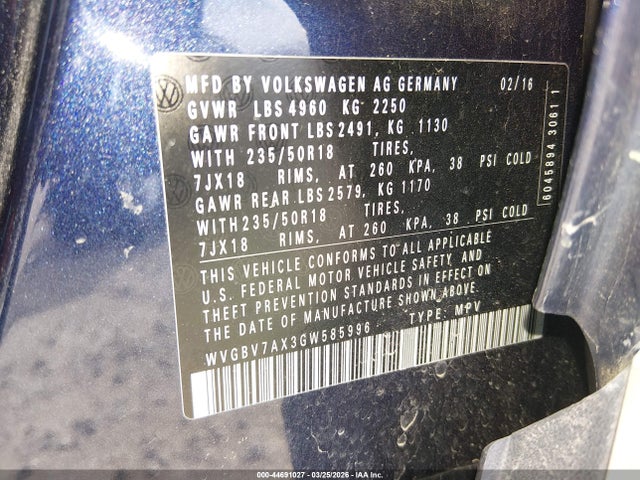 Aukcja sprzedaży 2016 Volkswagen Tiguan Se, vin: WVGBV7AX3GW585996, numer aukcji: 44691027