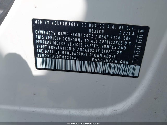 44691031 :رقم المزاد ، 3VW2K7AJ0EM421446 vin ، 2014 Volkswagen Jetta 2.0l S مزاد بيع