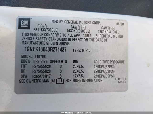 2008 CHEVROLET TAHOE 1GNFK13048R271437 Photo 8