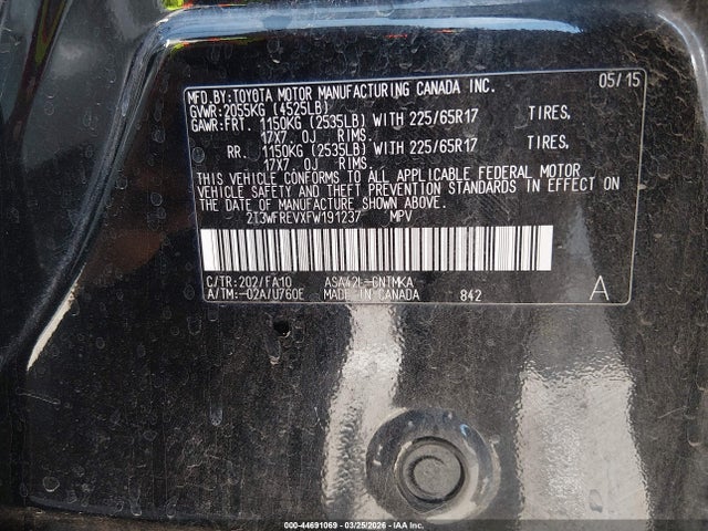 Продаж на аукціоні авто 2015 Toyota Rav4 Xle, vin: 2T3WFREVXFW191237, номер лоту: 44691069