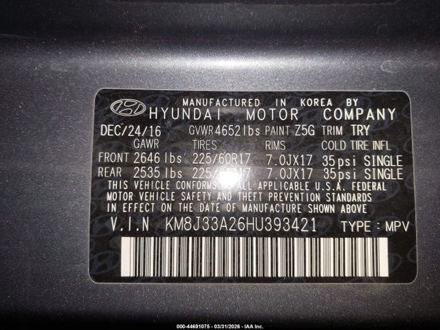 44691075 :رقم المزاد ، KM8J33A26HU393421 vin ، 2017 Hyundai Tucson Eco مزاد بيع