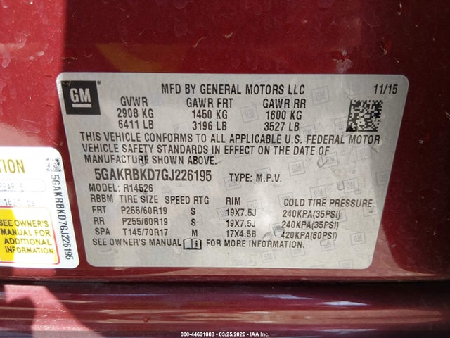 44691088 :رقم المزاد ، 5GAKRBKD7GJ226195 vin ، 2016 Buick Enclave Leather مزاد بيع
