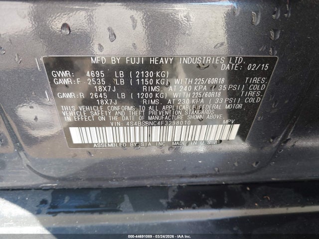 Subaru Outback 2.5i Limited 2015 4S4BSBNC4F3298010 Image 9