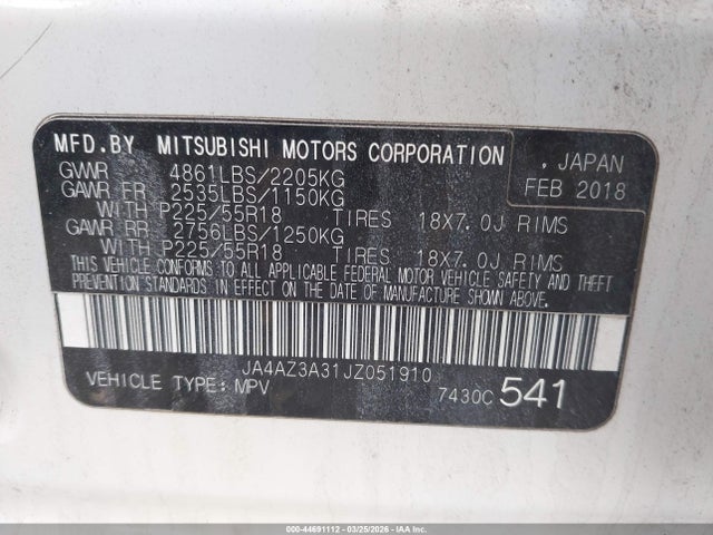 Aukcja sprzedaży 2018 Mitsubishi Outlander Sel, vin: JA4AZ3A31JZ051910, numer aukcji: 44691112