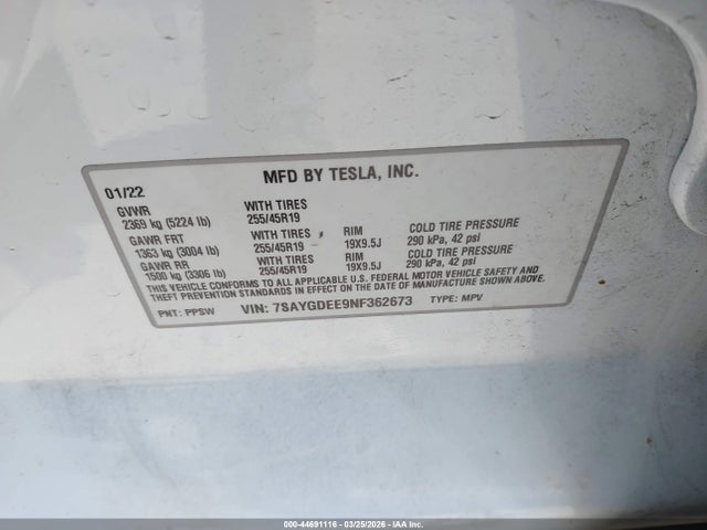 7SAYGDEE9NF362673 Tesla Model Y Long Range Dual Motor All-wheel Drive