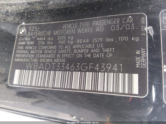 44691135 :رقم المزاد ، WBADT33463GF43941 vin ، 2003 Bmw 525i مزاد بيع