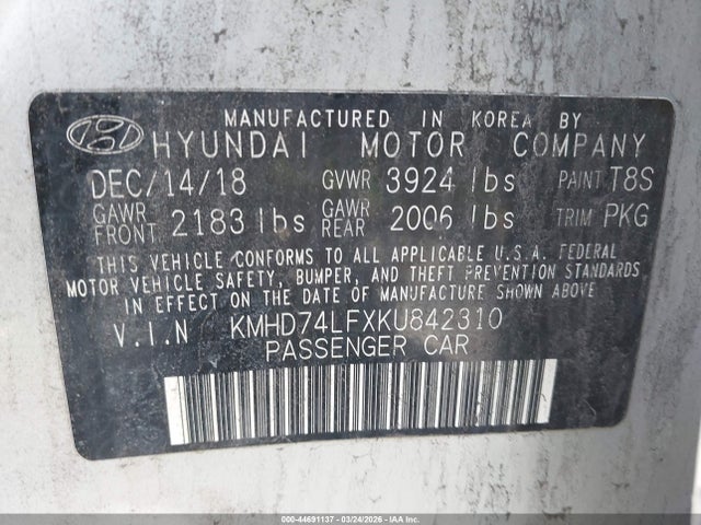Aukcja sprzedaży 2019 Hyundai Elantra Se, vin: KMHD74LFXKU842310, numer aukcji: 44691137