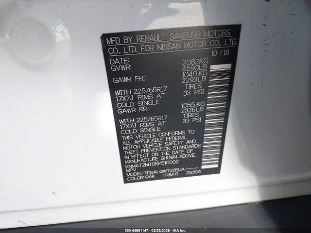 Aukcja sprzedaży 2019 Nissan Rogue Sv, vin: KNMAT2MT0KP510502, numer aukcji: 44691147