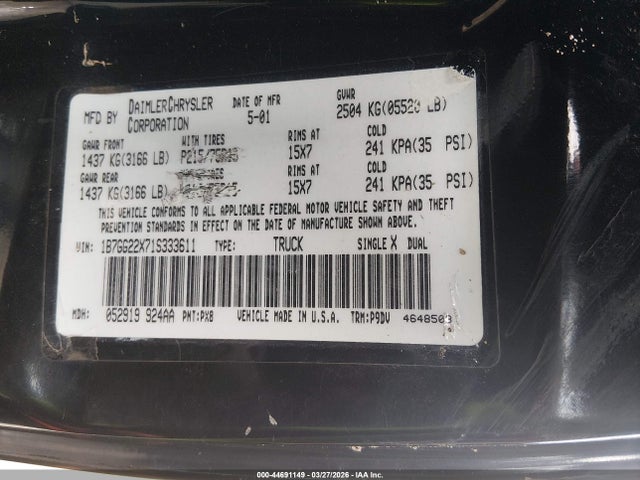 Aukcja sprzedaży 2001 Dodge Dakota Slt/sport, vin: 1B7GG22X71S333611, numer aukcji: 44691149