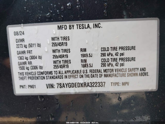 Продаж на аукціоні авто 2024 Tesla Model Y Long Range Single Motor Rear-wheel Drive/rwd, vin: 7SAYGDEDXRA322337, номер лоту: 44691156