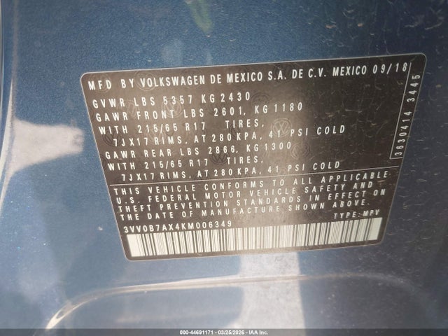 2019 VOLKSWAGEN TIGUAN 3VV0B7AX4KM006349 Photo 8