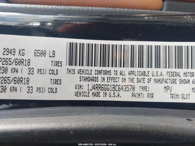 Продаж на аукціоні авто 2011 Jeep Grand Cherokee Overland, vin: 1J4RR6GG1BC643570, номер лоту: 44691193