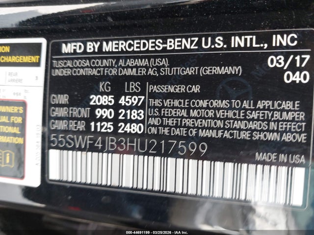 44691199 :رقم المزاد ، 55SWF4JB3HU217599 vin ، 2017 Mercedes-benz C 300 مزاد بيع