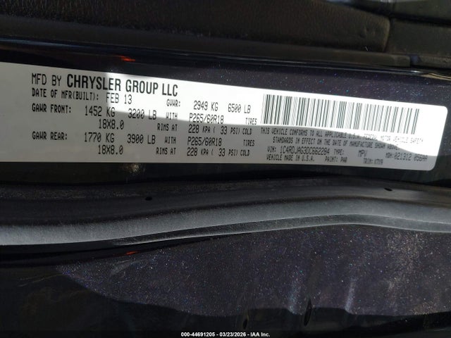 44691205 :رقم المزاد ، 1C4RDJAG3DC662284 vin ، 2013 Dodge Durango Sxt مزاد بيع