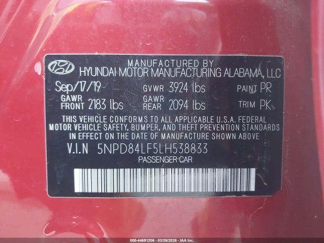 5NPD84LF5LH538833 Hyundai ELANTRA SEL