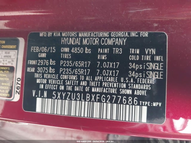 Auction sale of the 2015 Hyundai Santa Fe Sport 2.4l, vin: 5XYZU3LBXFG277686, lot number: 44691208
