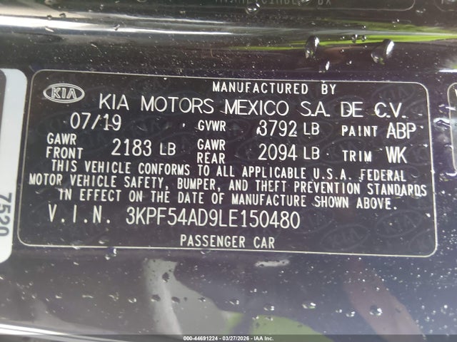 44691224 :رقم المزاد ، 3KPF54AD9LE150480 vin ، 2020 Kia Forte Ex مزاد بيع