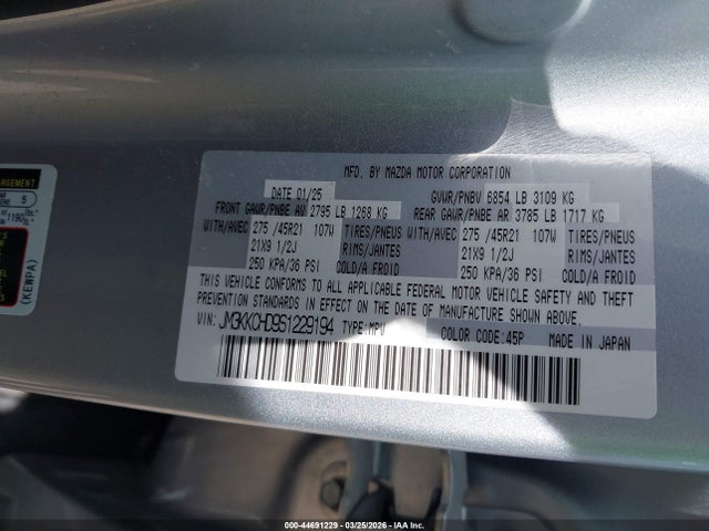 Продаж на аукціоні авто 2025 Mazda Cx-90 3.3 Turbo Premium Sport, vin: JM3KKCHD9S1229194, номер лоту: 44691229