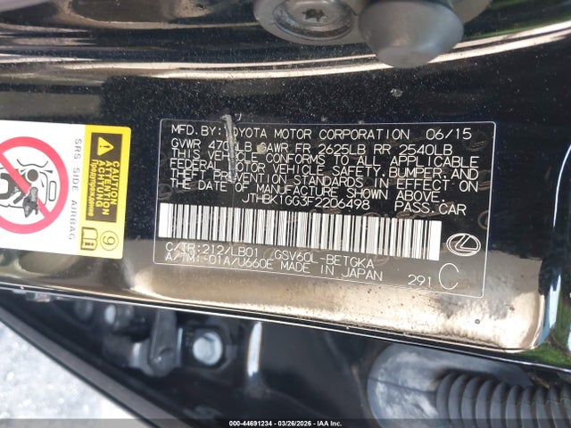 2015 Lexus Es 350 მანქანა იყიდება აუქციონზე, vin: JTHBK1GG3F2206498, აუქციონის ნომერი: 44691234