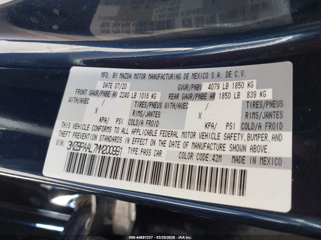 Aukcja sprzedaży 2021 Mazda Mazda3 2.5 S, vin: 3MZBPAAL7MM200991, numer aukcji: 44691237