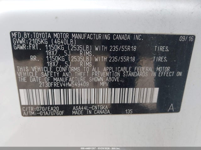 Aukcja sprzedaży 2017 Toyota Rav4 Limited, vin: 2T3DFREV4HW549409, numer aukcji: 44691257