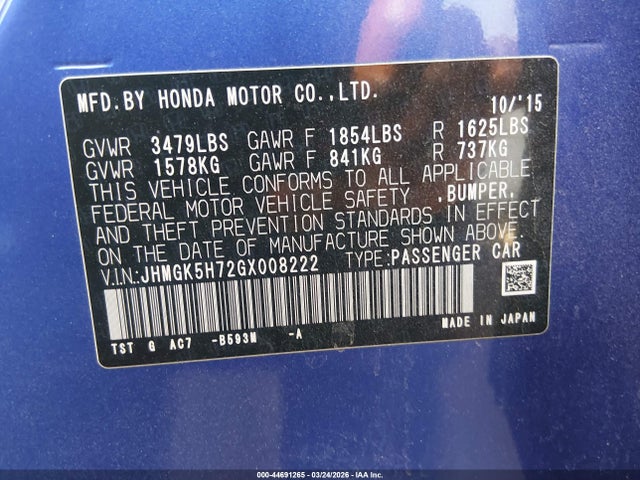 JHMGK5H72GX008222 Honda FIT EX