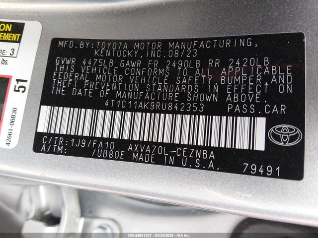 Продаж на аукціоні авто 2024 Toyota Camry Le, vin: 4T1C11AK9RU842353, номер лоту: 44691267