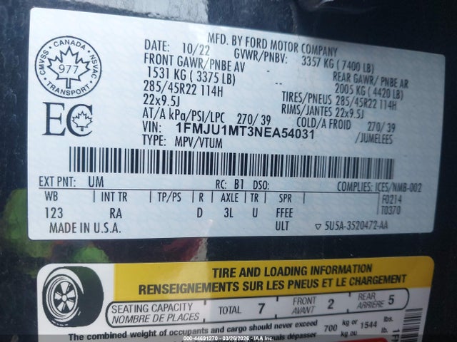 1FMJU1MT3NEA54031 Ford Expedition Platinum