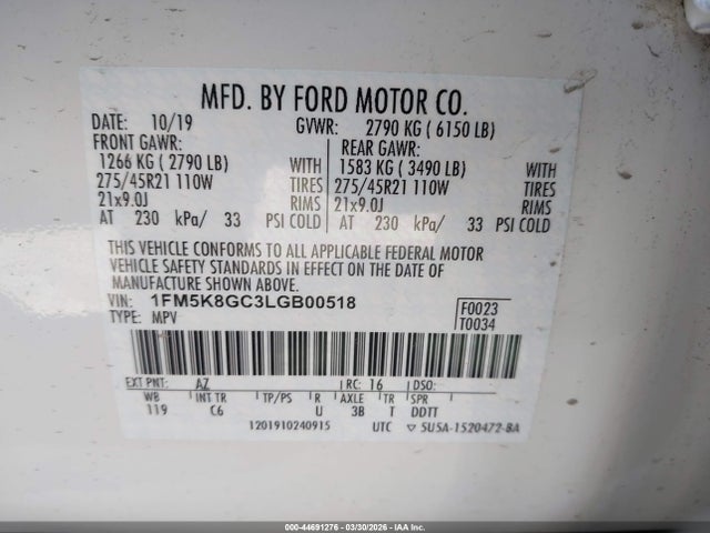 Aukcja sprzedaży 2020 Ford Explorer St, vin: 1FM5K8GC3LGB00518, numer aukcji: 44691276