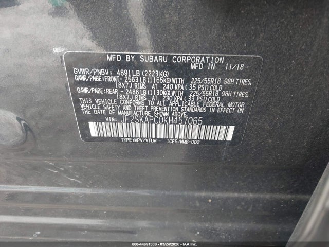 44691300 :رقم المزاد ، JF2SKAPC0KH457065 vin ، 2019 Subaru Forester Sport مزاد بيع