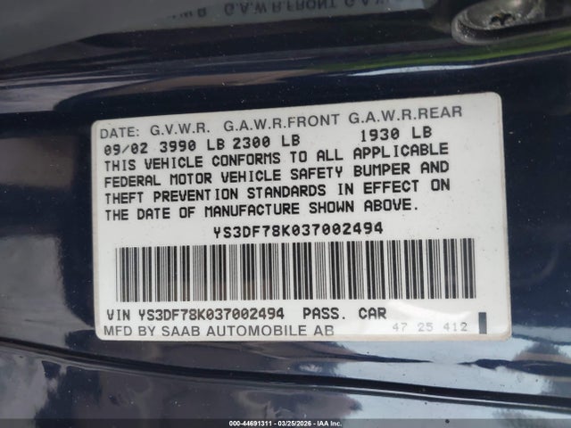 2003 SAAB 9-3 YS3DF78K037002494 Photo 8