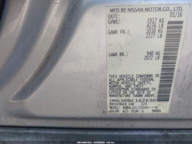 2016 Nissan Altima 2.5 S მანქანა იყიდება აუქციონზე, vin: 1N4AL3AP8GC162630, აუქციონის ნომერი: 44691322