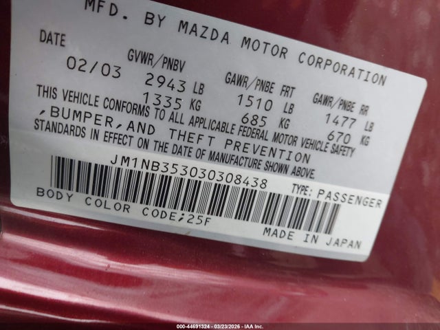44691324 :رقم المزاد ، JM1NB353030308438 vin ، 2003 Mazda Mx-5 Miata Cloth/ls/se/shinsen مزاد بيع